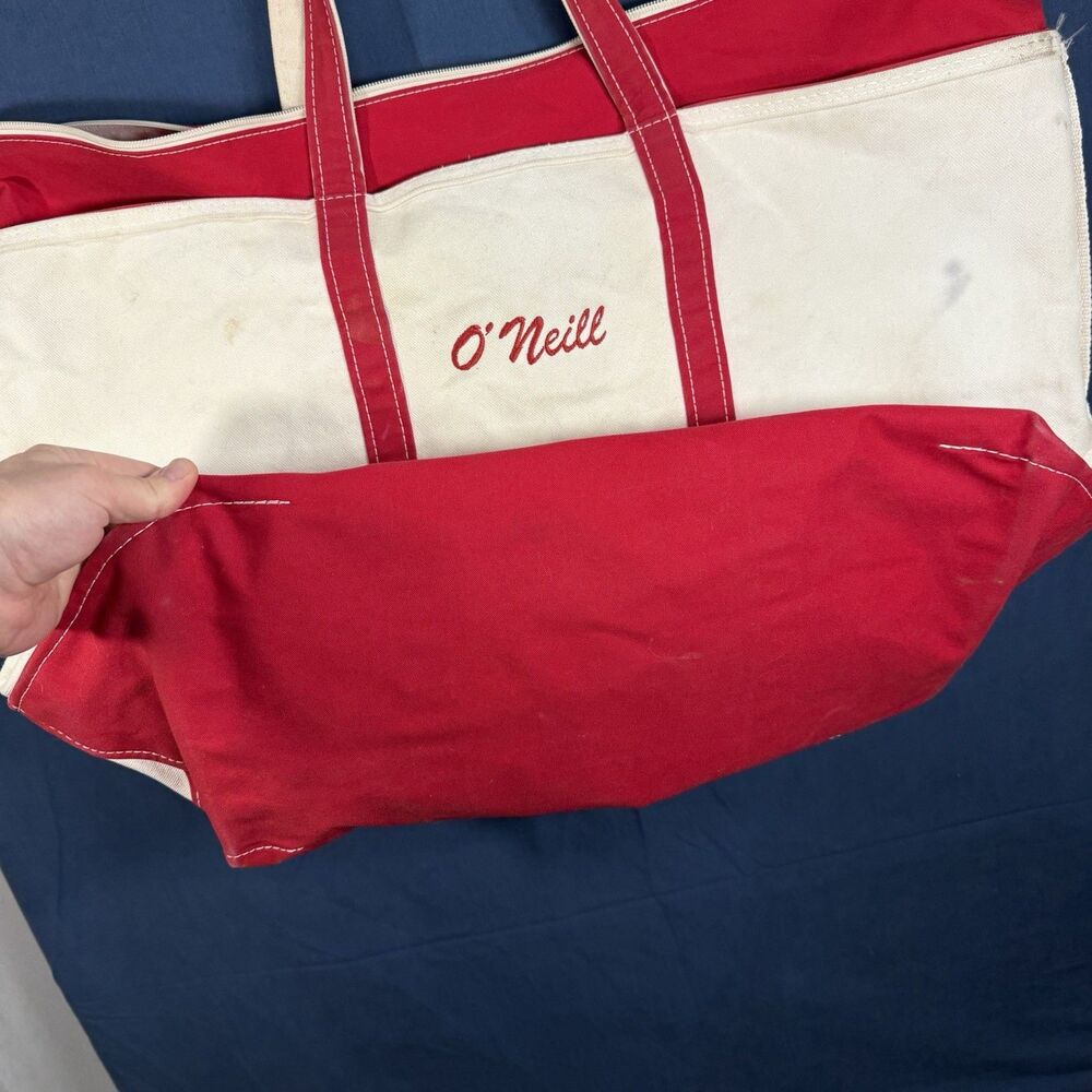 LL Bean Boat and Tote Red Trim White Canvas Tote Bag XL Zipper Top USA Made - Picture 4 of 10